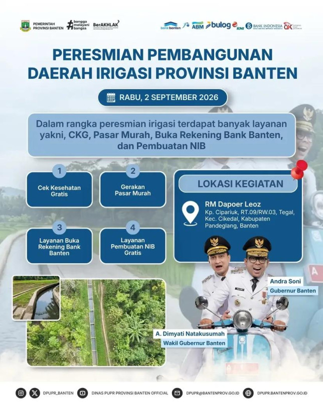 Pemprov Banten Gelar Peresmian Pembangunan Daerah Irigasi, Hadirkan Layanan Publik Gratis bagi Masyarakat